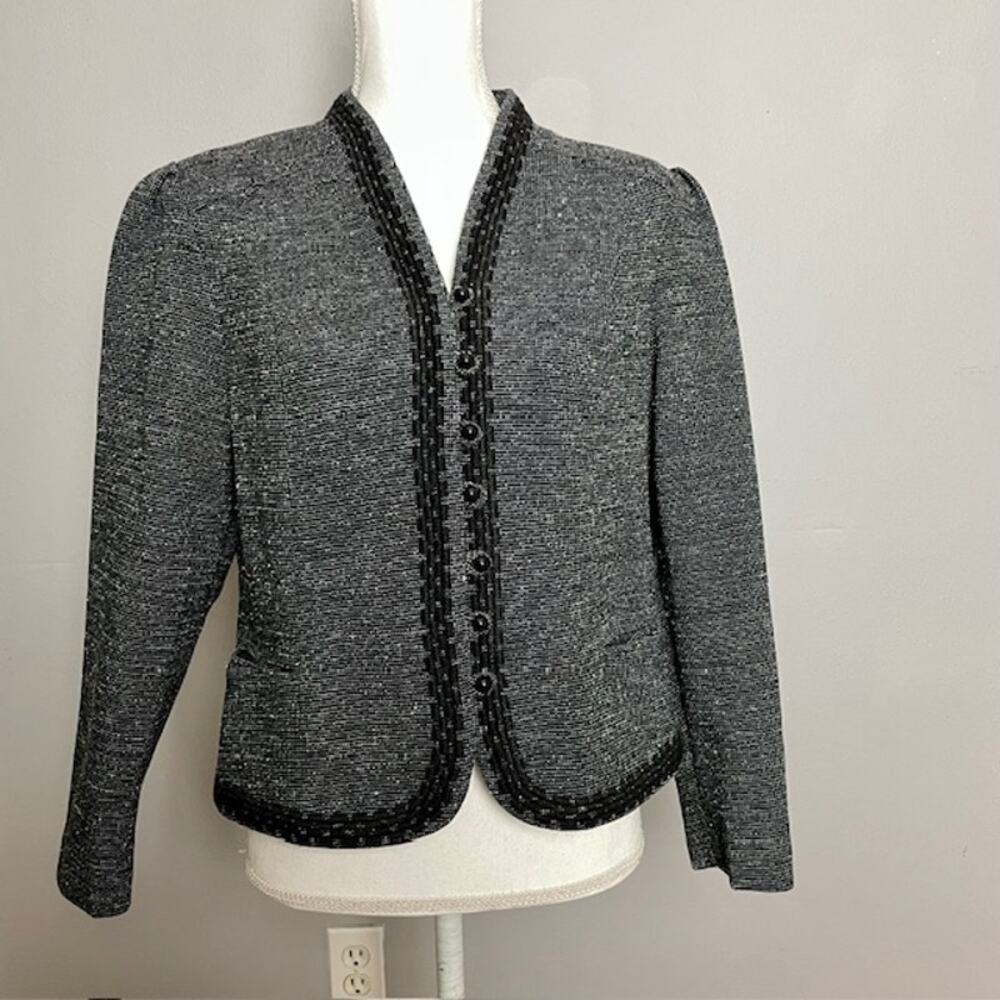 Vintage Tailored Tweed Jacket Embroidered Beaded Trim Academia 1960s 1970s Sz 14